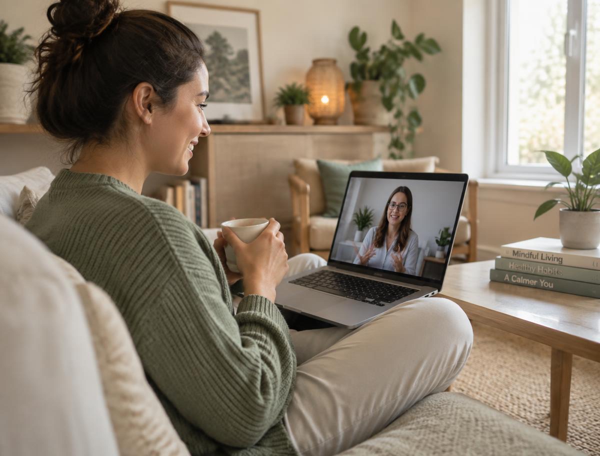 A person joining an online wellness session from a comfortable room at home
