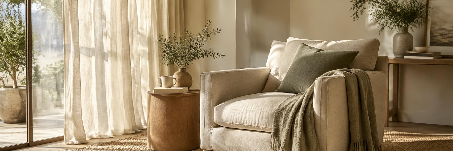 Soft daylight through linen curtains onto a calm armchair in a quiet room