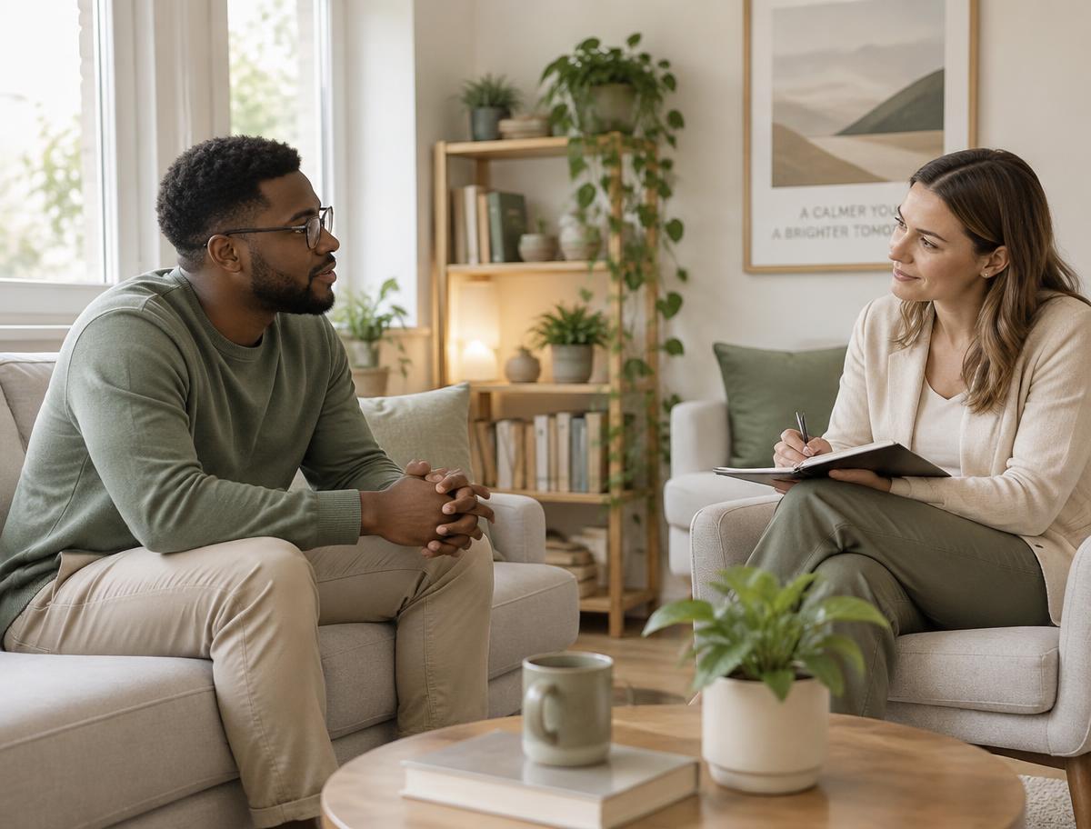 Two people in a calm, supportive conversation in a bright room
